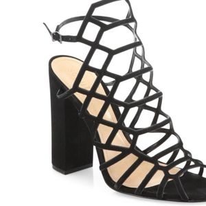 Schutz Jaden Caged Suede Block Heel Black Sandals